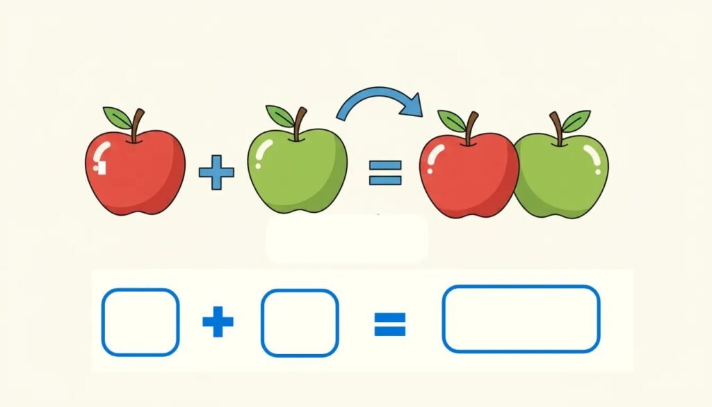 Adunare pentru copii: 3 + 2 = 5, obiecte unite și totalul în cercul „în total”.