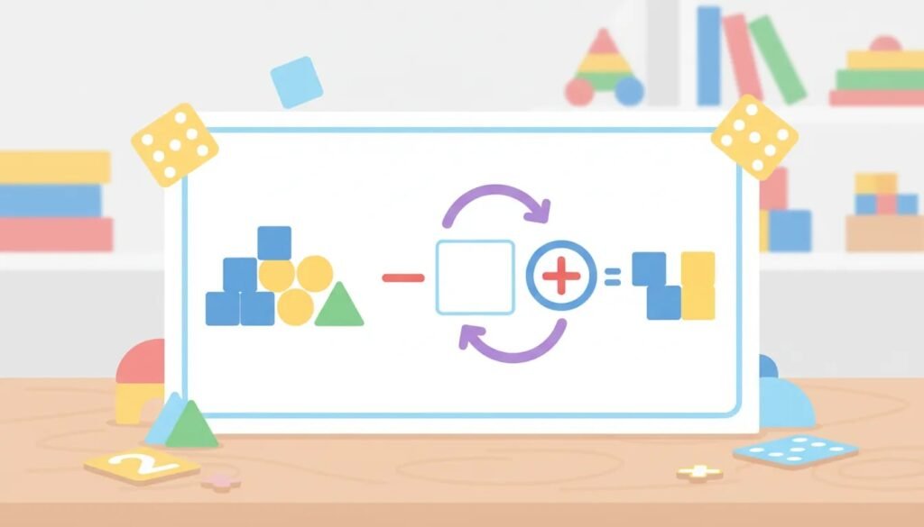 Educational illustration showing a missing number in a subtraction exercise with inverse operation using icons and a blank placeholder, no text.