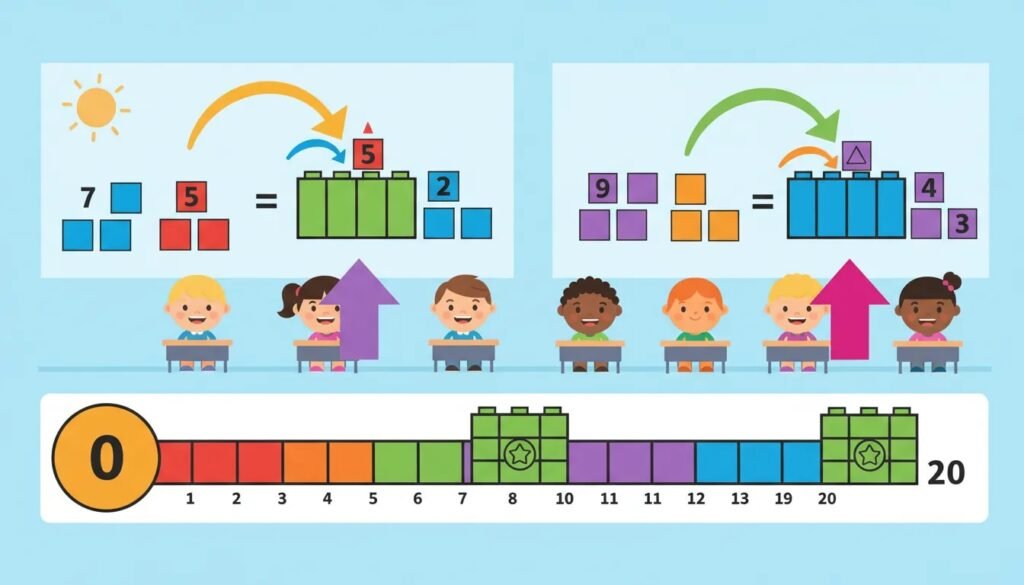 Illustration showing addition with carrying over the tens threshold using a number line and colored place-value blocks from 0 to 20, with arrows indicating the carry.