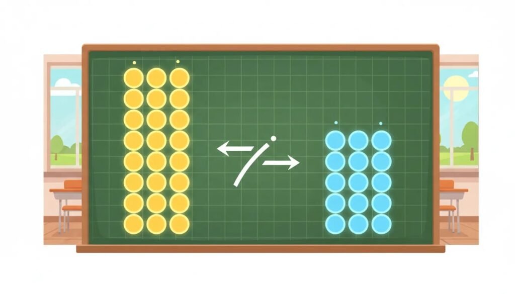 Ilustrație educațională cu două grupuri de jetoane abstracte pe o tablă, sugerând compararea dintre un număr mai mare și unul mai mic, fără text.